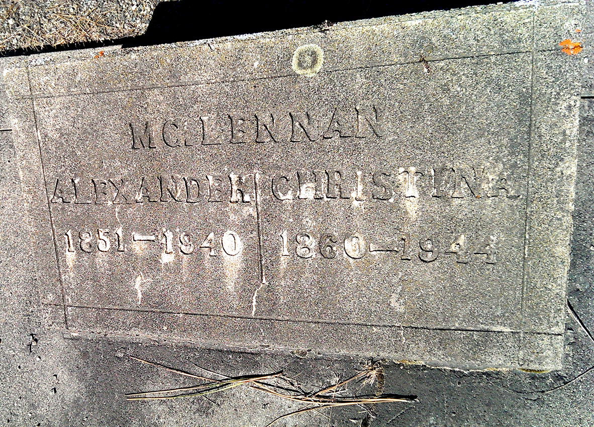 Photo of headstones/Alexander McLennan 1851-1940 hdstn Kelowna Mem Pk BC